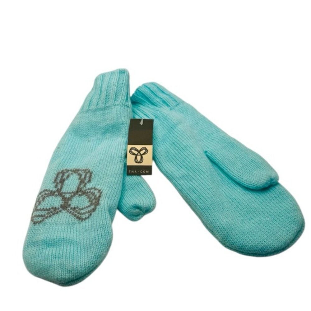 Aritzia TNA Tag NEW Elements Mittens Knit Fleece Lined Aqua Grey Logo Warm Cozy